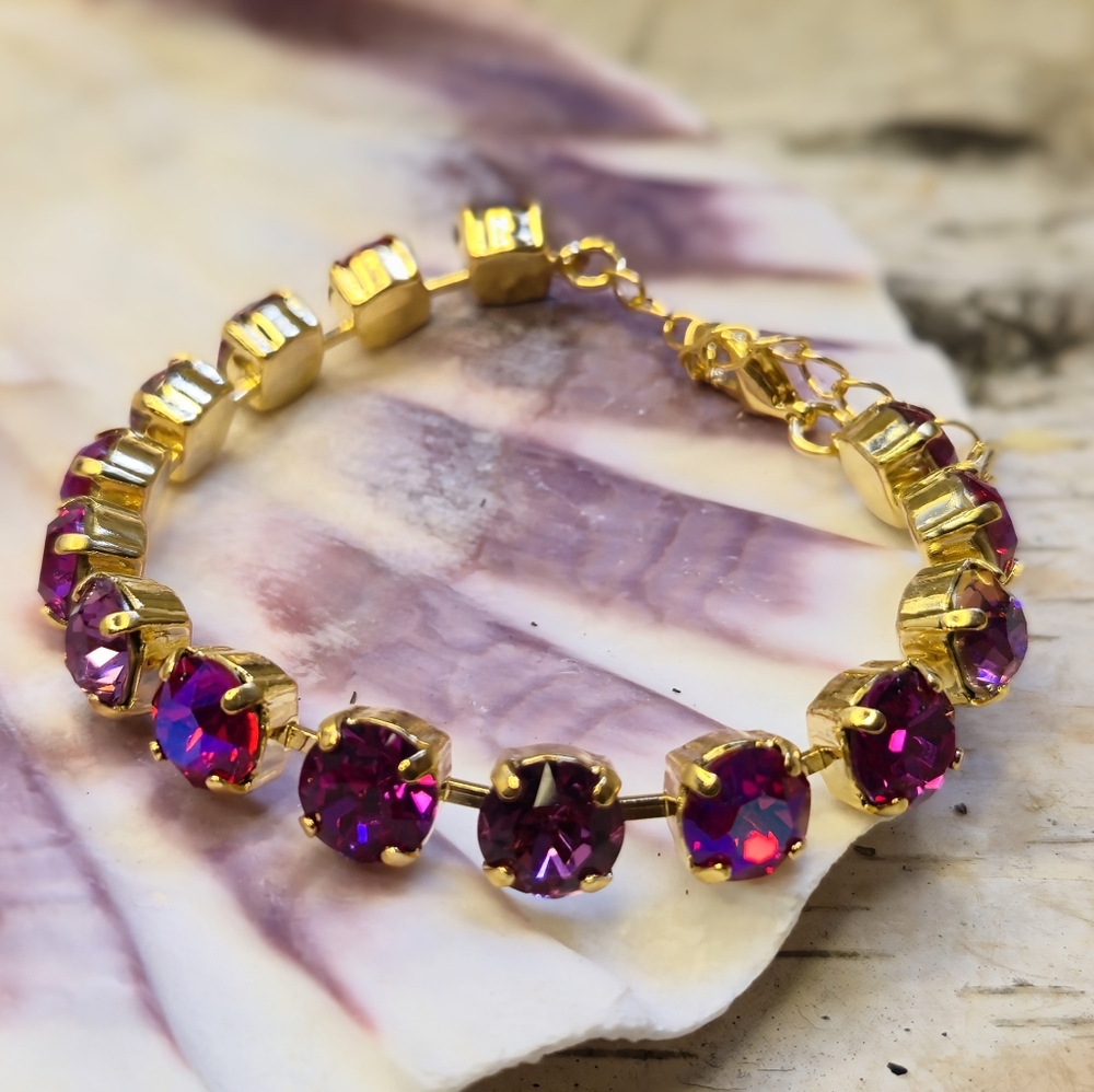 Sparkly Deep Fuchsia & Pink Swarovski Crystal In Classic Gold Plated Bracelet - Picture 3 of 5